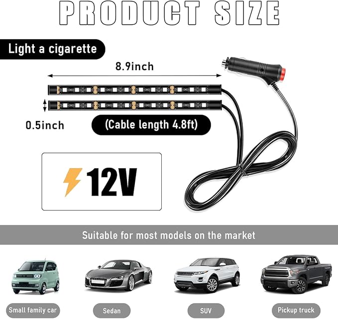 Car Interior LED Strip Light, 12V 24 LED Neon Ambient Night Light with Cigarette Lighter Plug, Automotive Atmosphere Decorative Under Dash Lighting Kit, Car Accessories (White)