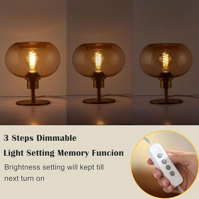 Mid Century Glass Table Lamp,Dimmable Desk Lamp,LED Bulb Included,Timer Build-In,Cognac Amber Seeded Glass