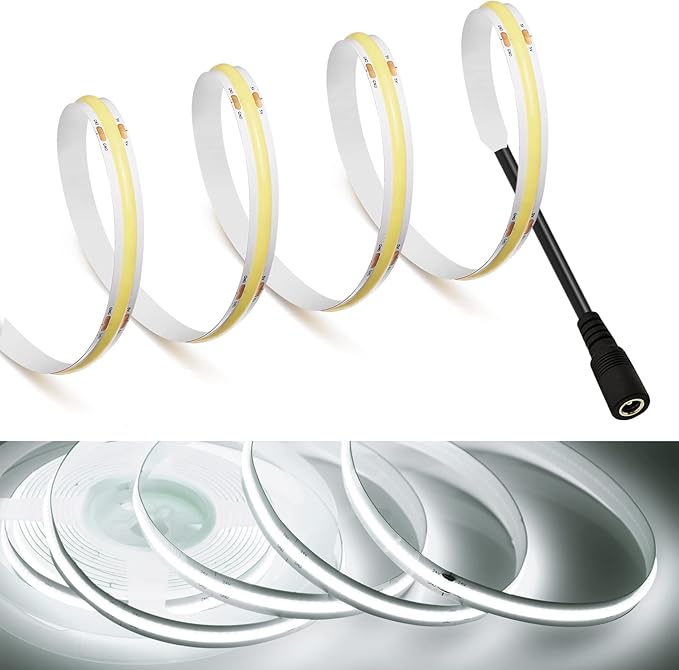 MDee】COB LED Strip Lights 6000K Cold White 1.64ft/0.5m DC Powered DC12V Flexible LED Tape Lights with DC Connector CRI 90+ 800LM/m 320LEDs/m for Indoor and Outdoor Décor（6000K Cold White1.64ft/0.5m）