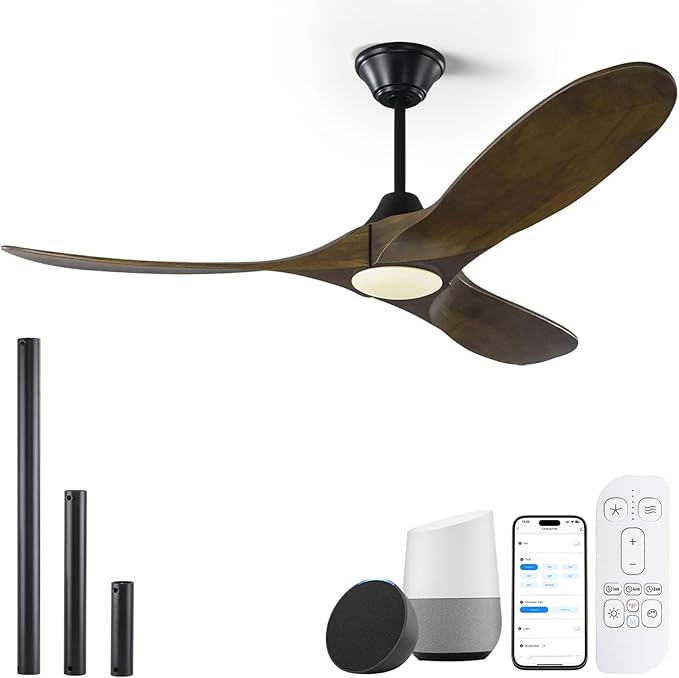 52 Inch Smart Outdoor Ceiling Fan with Light, Rustic Farmhouse Wood Ceiling Fan with 3 Blades Propeller, Damp Rated, Alexa/Remote/App Control, High CFM Quiet DC Motor for Patios Indoor Exterior