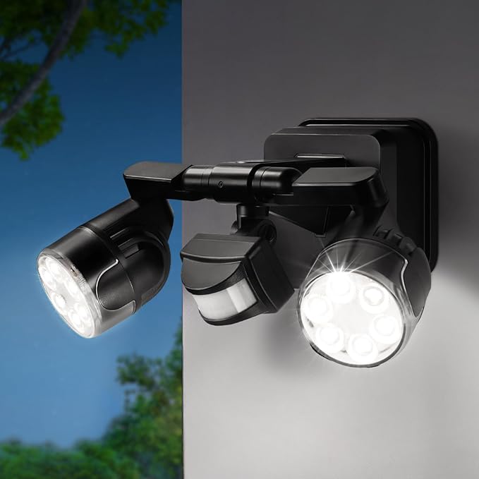 OREiN Outdoor Motion Sensor Security Light, 450° Adjustable 3-Head Floodlight, 2500 Lumens Bright Hardwired Dusk to Dawn Light, IP65 Waterproof, Black