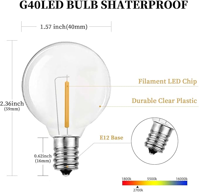 G40 LED Replacement Light Bulbs,C7/E12 Screw Base Shatterproof Globe Bulbs for Outdoor String Lights Patio Decor,25 Pack,Warm White 2700K,Energy Efficient Waterproof