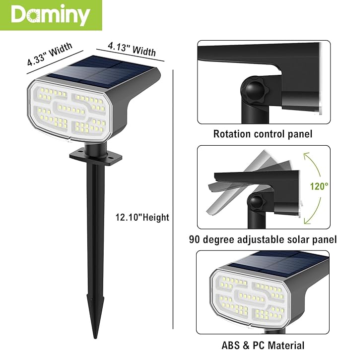 DAMINY Solar Spotlights Waterproof IP65,Auto On/Off,3000K 2 Lighting Modes Solar spot Lights for Garden,Pathway,Yard,Landscape-2 Pack