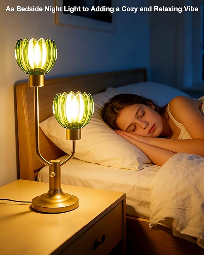 Lightdot Mid Century Modern Glass Table Lamp Gold Dimmable U-Shaped Desk Lamps with Green Glass Shade& 2Pcs 3000K Warmwhite Bulbs Included Bedside Nightstand Lamp for Living Room Bedroom