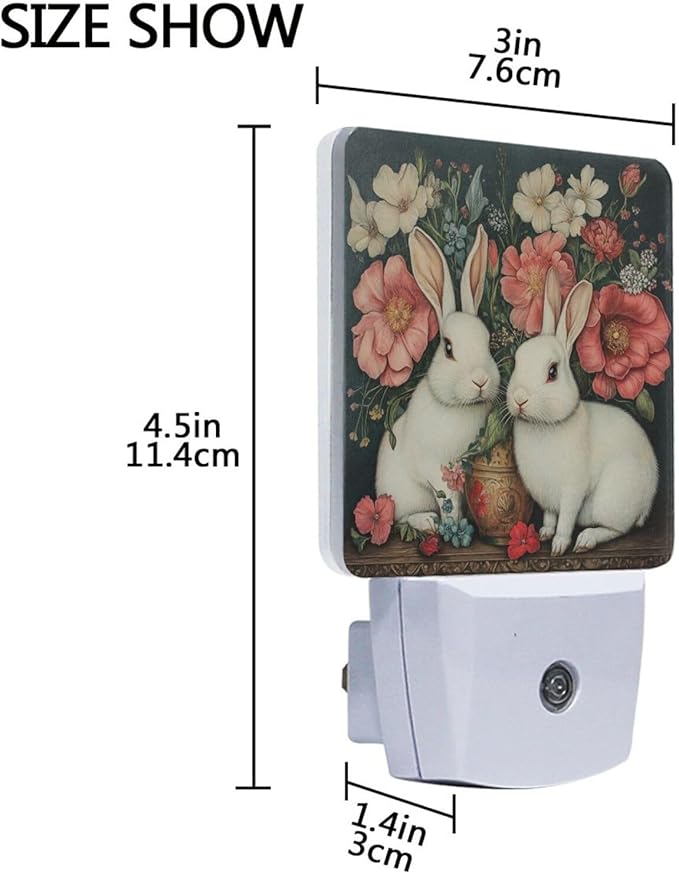 Easter Flower White Rabbit Night Light 2 Pack Dusk to Dawn Sensor Led Lamp for Women Men Night Lights Plug into Wall Decor for Bedroom Kitchen Corridor, 0.5W