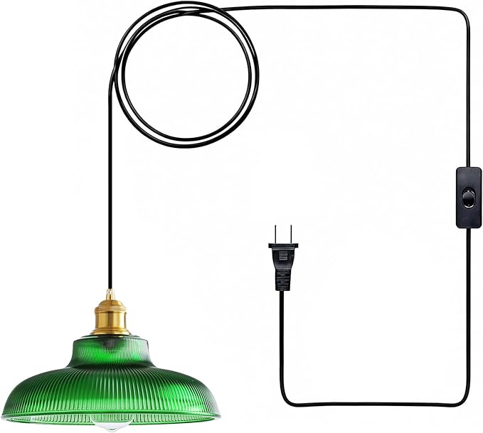 Plug in Pendant Light: Hanging Light Plug in Green Glass Hanging Lamp, Pendant Lighting for Kitchen Island, Bedroom, Dining Room, Living Room, No Bulb