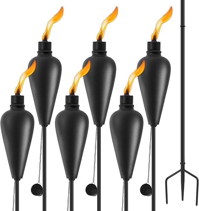 ZSZMFH 6 Pack Citronella Torches Outdoor, Metal Tiki Torches for Outside, 59.5 Inch Upgraded Garden Torch with 3-Prong Grounded Stake, Patio Pathway Party Decorative Outdoor Light Torches, (Black)