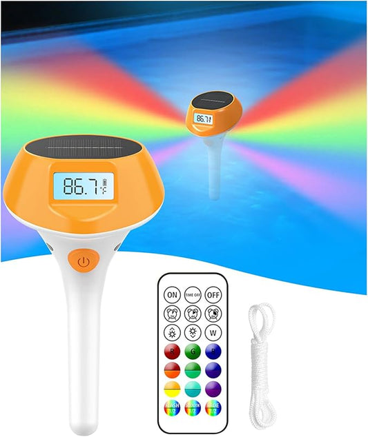 Solar Pool Lights for Inground Above Ground Pool, 22-Color 5-Mode, IP68 Waterproof Floating Pool Lights with Backlit Display, Magnetic Charging and Thermometer for Swimming Pool, Ponds, Tub, Spa