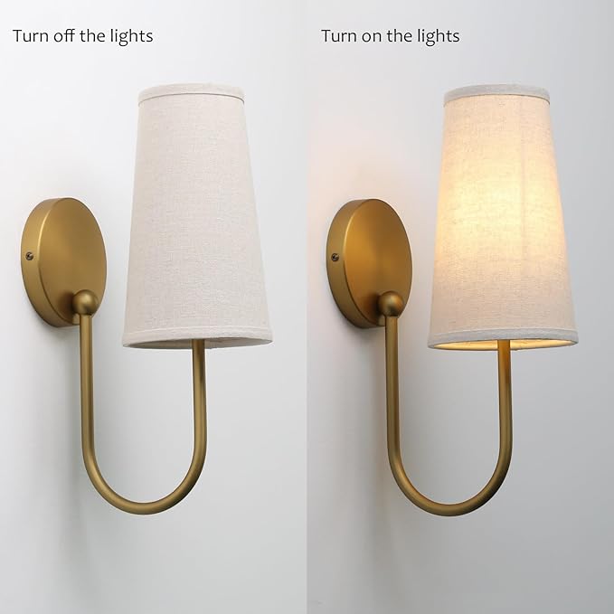 Pathson Set of 2 Linen Fabric Wall Sconces, Hardwired Curved Arm Bathroom Vanity Light with Cone Cloth Shade, Brass Indoor Wall Decor Lamp for Living Room, Kitchen, Bedroom, Foyer