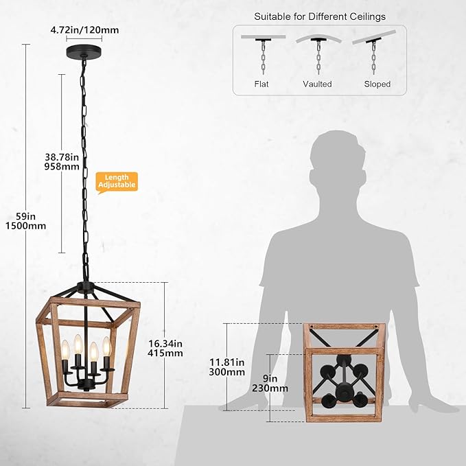 4 Light Farmhouse Chandelier, Lantern Ceiling Light Fixture with Brushed Rustic Wood Metal Cage and Adjustable Chain, E12 Base Geometric Hanging Lights for Dining Room Kitchen Island Entryway, Indoor