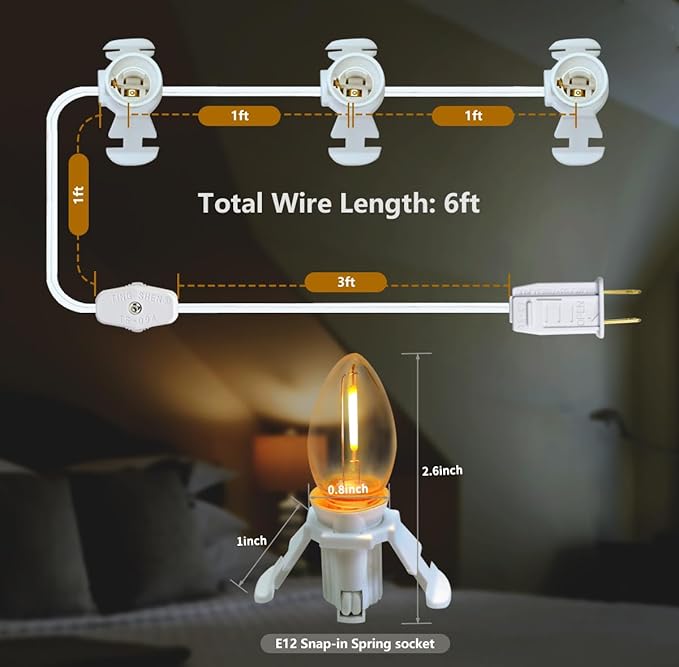 LED Accessory Cord with 3 LED Night Light Bulbs - White Cord with On/Off Switch Plugs - C7 led Bulb Warm White with Spare Fuse for Holiday Decoration and Craft Village House Decoration