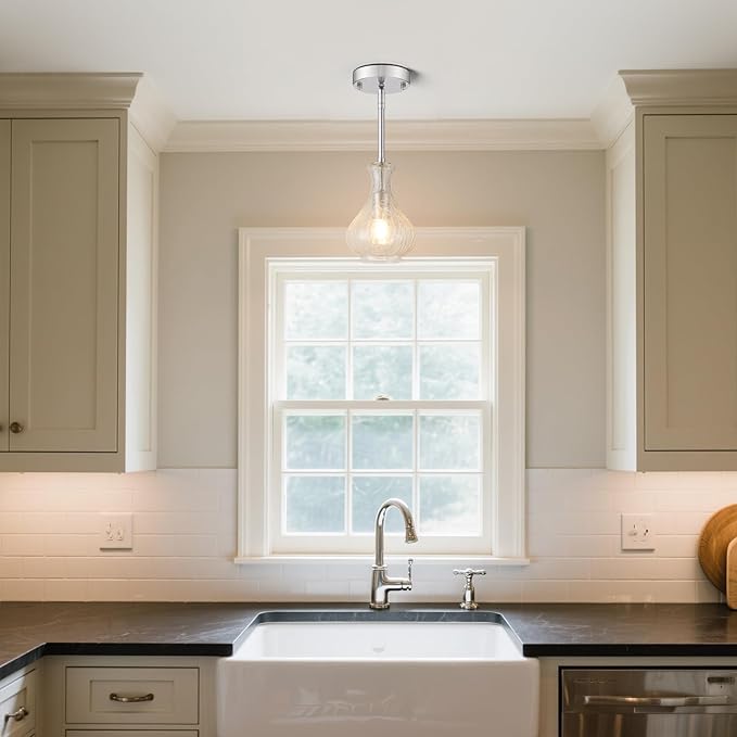 Brushed Nickel Pendant Lights Kitchen Island 2 Pack, 5.9" Modern Crackle Glass Pendant Light Fixtures Single Hanging Lighting with Adjustable Rods for Kitchen Island, Sink, Bathroom, E26 Base