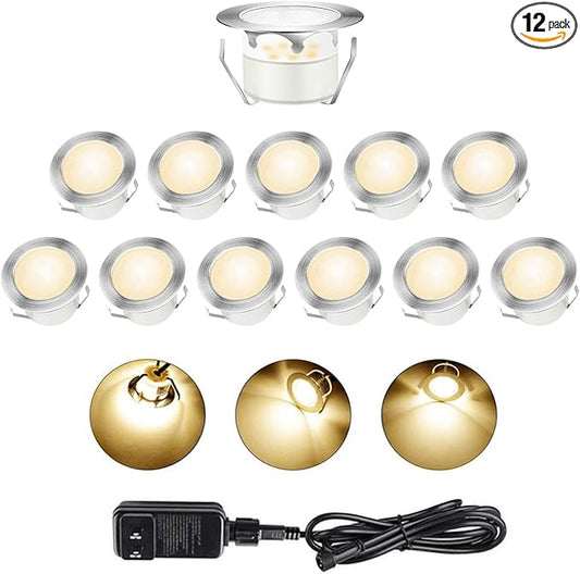Recessed LED Deck Light Kits,Choose Size Φ1.78",12Pack Step Lights Kits In Ground Outdoor LED Landscape Lighting IP67 Waterproof, 12V Low Voltage for Garden,Yard Steps,Stair,Patio,Floor,Deck Railings