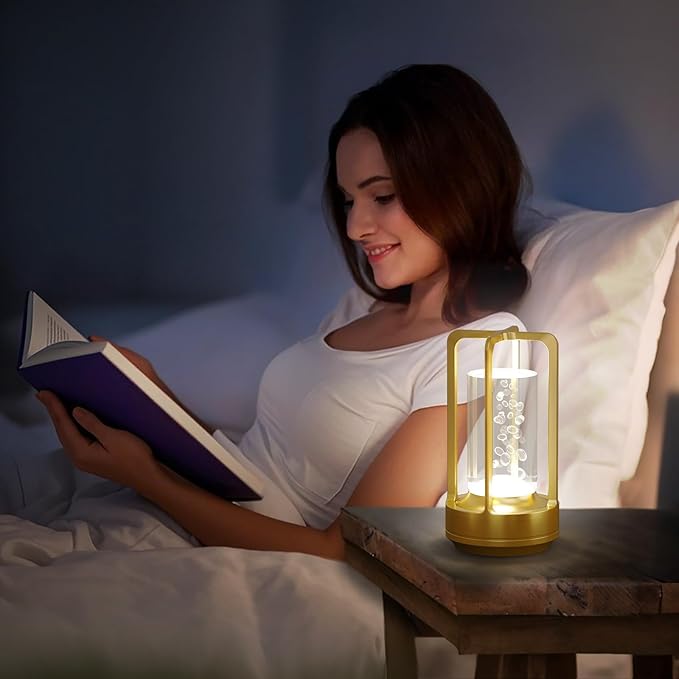Portable Table Lamp for Outdoor Indoor: Cordless Rechargeable Desk Lamp with 3 Color Stepless Dimmable - Metal Battery Operated Lantern Light for Bedroom/Bar/Coffee Shop/Camping (Gold (Bubble))