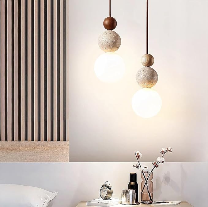 Natural Stone & Wood Pendant Light Fixture | Spherical Milk Glass Hanging Lamp | Modern Organic Ceiling Light | Adjustable Bedside Suspension Light for Dining Room, Kitchen Island, Bedroom(Walnut)