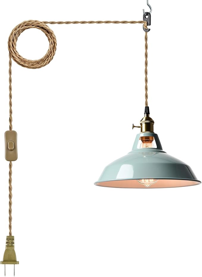 YUBOLE Modern Macaron Plug-in Plendant Light,10.6-Inch Hanging Light Fixtures with Metal Barn Shade Adjustable 17.06 Feet Plug Cord Pendant for Kitchen Bar Dining Bedroom,Sea Blue