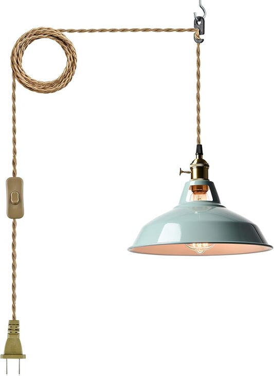 YUBOLE Modern Macaron Plug-in Plendant Light,10.6-Inch Hanging Light Fixtures with Metal Barn Shade Adjustable 17.06 Feet Plug Cord Pendant for Kitchen Bar Dining Bedroom,Sea Blue