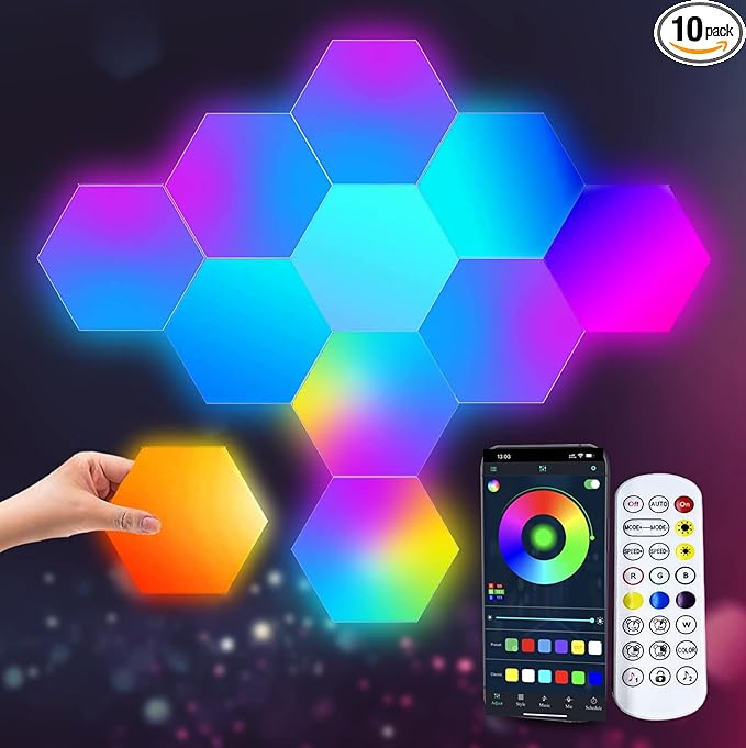 Amailtom Hexagon LED Lights, Smart RGB-IC Gaming LED Wall Lights App & Remote Control Music Sync, Hexagon Light Panels DIY Geometry Ambience Lighting for Gaming Room Bedroom Streaming, 10 Panels