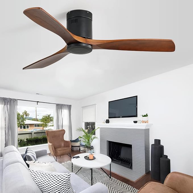 52" Low Profile Wood Ceiling Fan No Light with 3 Walnut Blades, Modern Ceiling Fan with Remote Control, Timer, Noiseless Reversible DC Motor for Outdoor Farmhouse Patio Living Room and Bedroom