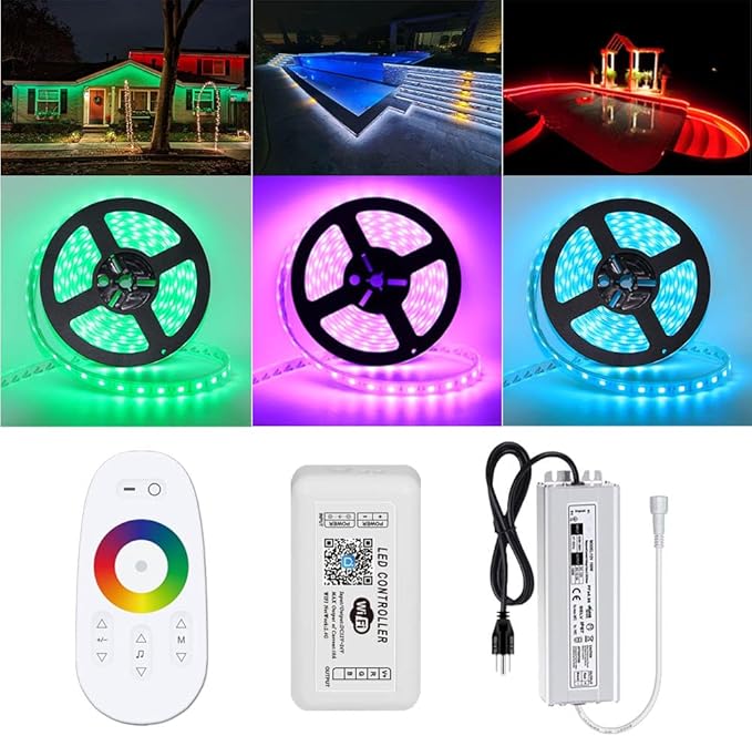 IP68 Waterproof 40FT/Roll 60LEDs/M 20LEDs/Ft 24V Outdoor 5050 RGB LED Strip Light Kit with RF Remote & WiFi Music Sync Controller for Swimming Pool, Porch, Patio, Rooftop, Dock