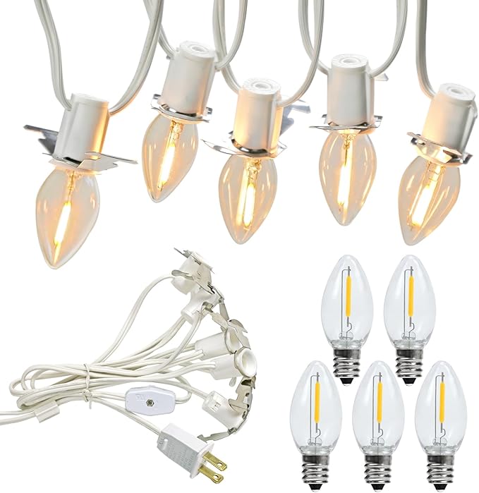 LED Accessory Cord with 5 LED Night Light Bulbs - C7 Christmas Village Light Accessory Cord - C7 led Bulb Warm White with Spare Fuse for Holiday Decoration and Craft Village House Decoration