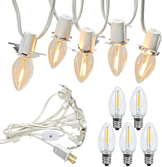 LED Accessory Cord with 5 LED Night Light Bulbs - C7 Christmas Village Light Accessory Cord - C7 led Bulb Warm White with Spare Fuse for Holiday Decoration and Craft Village House Decoration