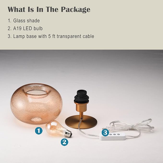 Mid Century Glass Table Lamp,Dimmable Desk Lamp,LED Bulb Included,Timer Build-In,Cognac Amber Seeded Glass