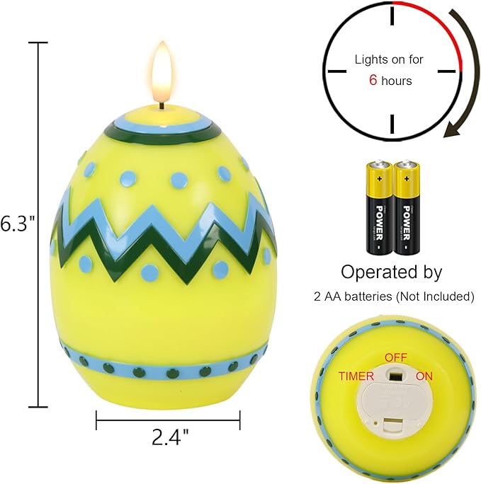 DRomance Easter Flameless Candles Battery Operated with 6 Hour Timer Battery Operated Real Wax Color Painted Easter Egg Shaped LED Flickering Candles Dinner Spring Holiday Decor(Yellow, 2.4"D x 6.3"H)