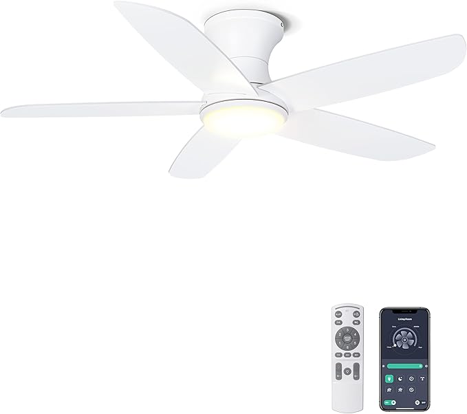 Ohniyou 46'' Ceiling Fan with Lights, Low Profile Ceiling Fans Remote/APP Control - Dimmable, Silent DC Motor, Indoor Ceiling Fan for Bedroom Kitchen, White