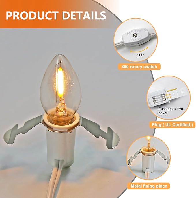 2 Pack C7 0.6W 2700K Featuring Standard E12 LED Bulb Candelabra Base Christmas Village Light Accessory Cord with 2 LED Light Bulb