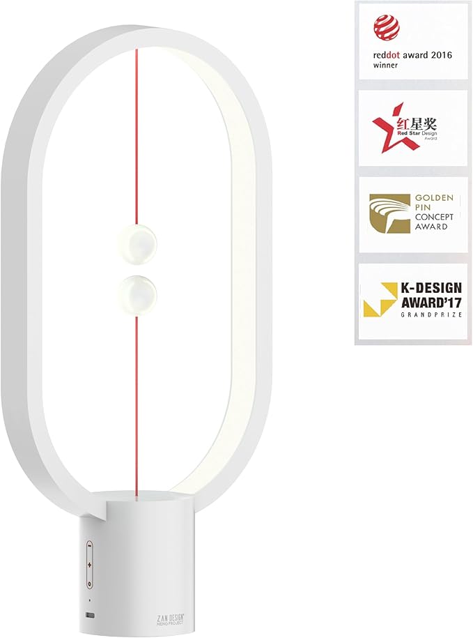 Heng Soft-Glow Balance Desk Lamp for Nightstand Or Bed - Modern Table Mood Lighting with Dimmer Switch - Cute Decorative Gift for Bedroom, Living Room, Office & Dorm (White)
