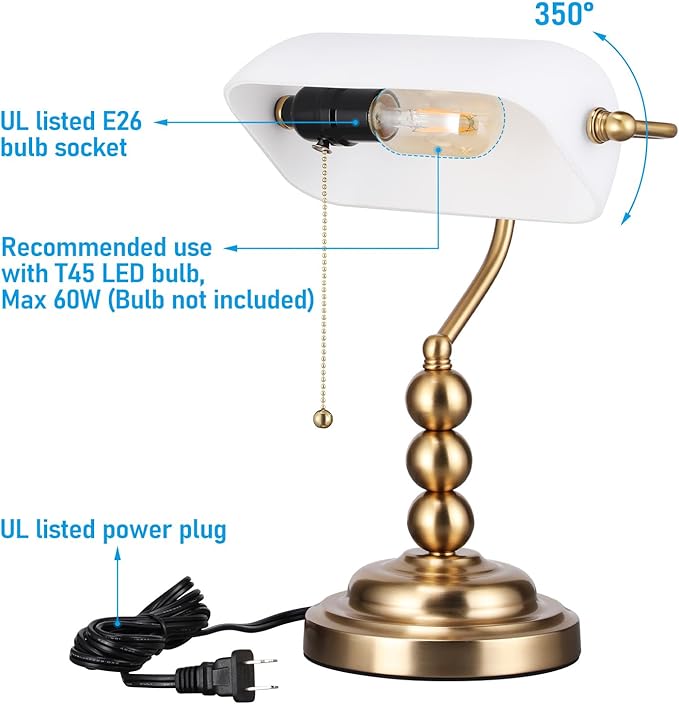 TORCHSTAR Ivory White Glass Bankers Desk Lamp, Antique Desk Lamps with Retro Weighted Base, Traditional Library Lamp with Pull Chain, E26 Base, Vintage Desk Lamp for Office, Study Room