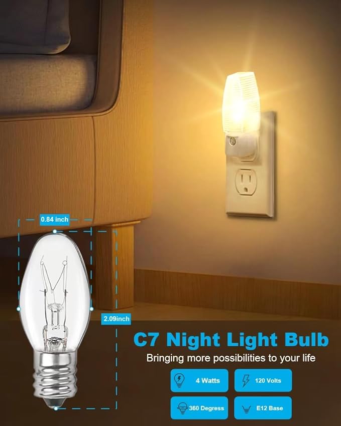 Night Light Bulbs - 4W Dimmable Warm White - E12 Base - Small Clear Glass, C7