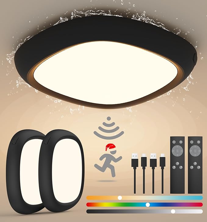 2 Pcs Motion Sensor Rechargeable Ceiling Light with Remote, 12000mAh 550LM Wireless IP54 Waterproof Shower Light, Battery Operated RGB Closet Lights Sensored LED Overhead Lighting No Wiring for Garage
