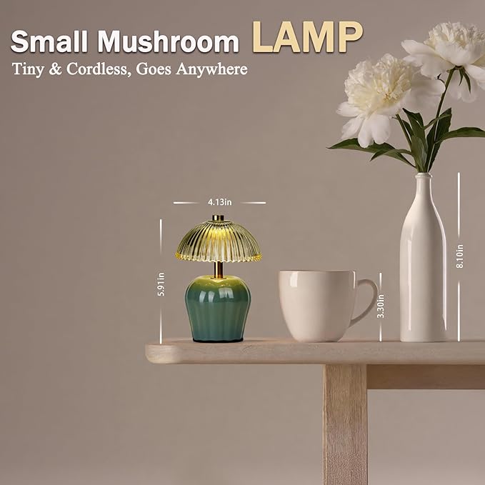 MJ PREMIER Small Cordless Lamp, Battery Operated Lamp with Timer, Mini Crystal Glass Mushroom Lampshade, Cute Small Table Lamps, Decorative Led Light for Bedroom Living Room Shelf (Green)