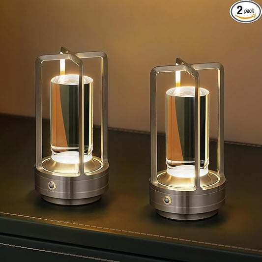 Rechargeable Table Lamp Cordless, 3 Color | Crystal | Stepless Dimming, for Bedroom, Cafe, Camping, Dining Table, Home Decor, 2 Pack (Silver)