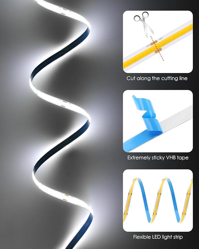 Aclorol 50FT COB LED Strip Lights 24V Cold White 6000K Dimmable LED Light for Bedroom with Remote and App Control 8mm Width LED Flexible Tape Lights for Cabinet Room Kitchen Mirror TV Bookshelves