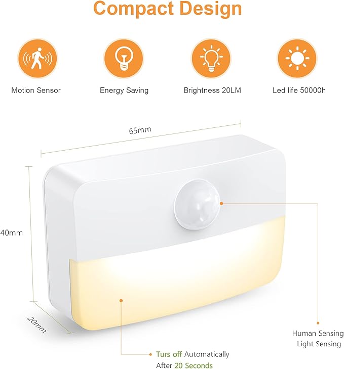12 Pack Motion Sensor Night Light, Stick-On Motion Sensor Lights Indoor, Battery Powered Under Cabinet Kitchen Lights with Adhesive Pads, Auto/On/Off for Cupboard Wardrobe Stair Kitchen- Warm White