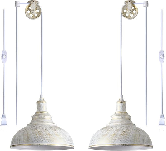 White Plug in Pendant Light Hanging Lamps for Living Room 15FT Dimmable Switch Adjustable Pulley Hanging Lights with Plug in Cord for Kitchen Bedroom 2 Pack