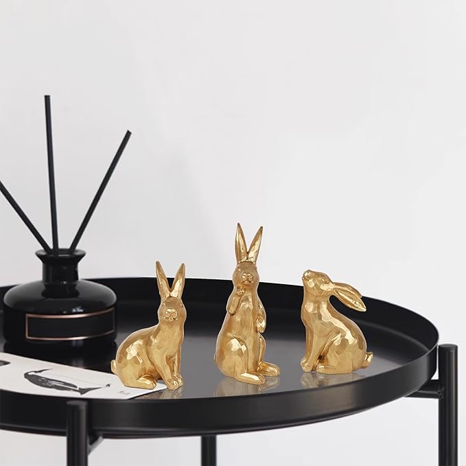 Glintoper 3 Pack Easter Bunny Figurines Decor, Mini Resin Golden Bunnies Spring Sculpture Tabletop Ornament, Rabbits Festival Present for Garden Home Table Office Dining Room Mantle Party Supplies