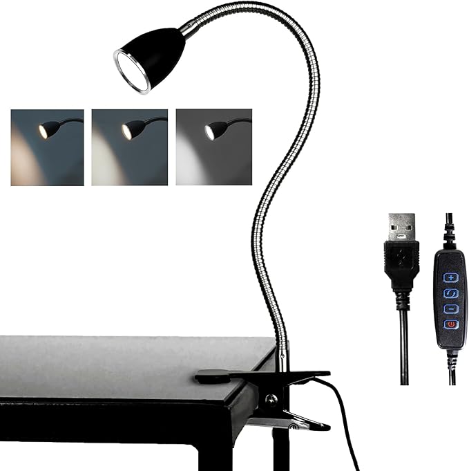 Desk lamp Eye-Caring Table Lamps, 360°Rotation Gooseneck Clip on Lamp Reading Light, Portable Reading Book Light, Clamp Light, Study Desk Lamps for Bedroom and Office Home Lighting (Black with Dimmer)