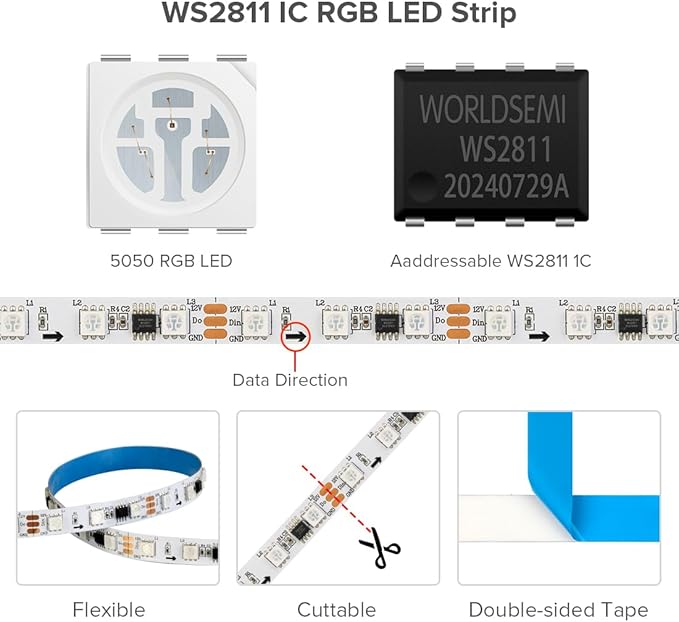 BTF-LIGHTING WS2811 IC=RGB+IC Addressable Dream Color LED Strip 16.4FT 30LEDs/m 10Pixels/m Non-Waterproof White PCB Flexible DC12V Chasing Effect for Indoor Home Decor(No Adapter or Controller)