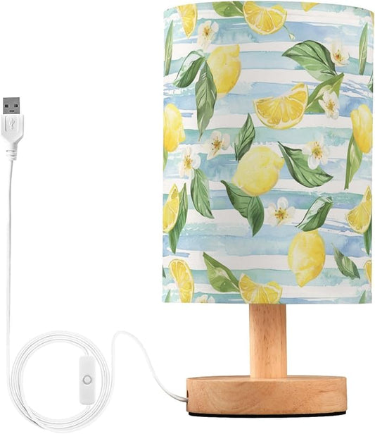 Blue White Striped Lemon Floral Table Lamp for Bedroom USB Port Lamps Small Accent Table Lamp Nightstand Lamp Study Linen Shade with Wooden Base, Decorative Lamps for Bedside Reading|Kids|Dorm|Home