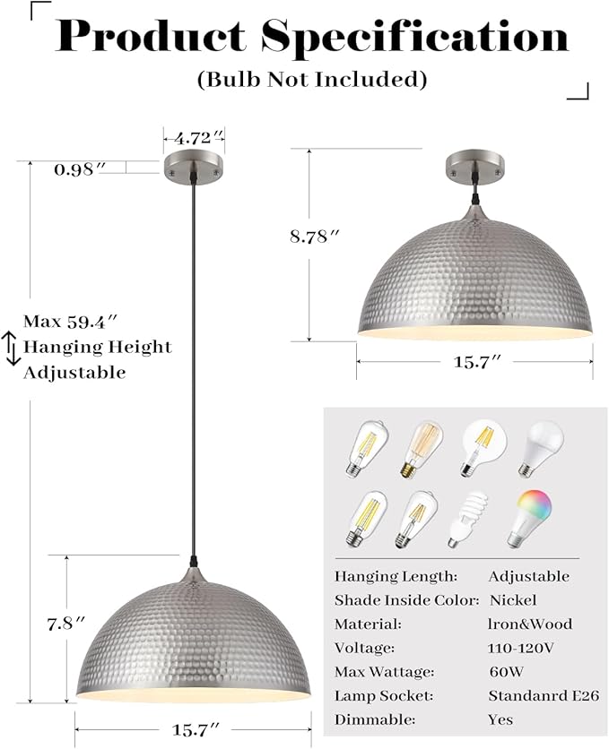 Brushed Nickel Pendant Light 16 inch, Hammered Large Dome Pendant Light, Industrial Farmhouse Pendant Lights Kitchen Island, Island Pendant Lights for Kitchen, Dining Room Living Room 2 Pack
