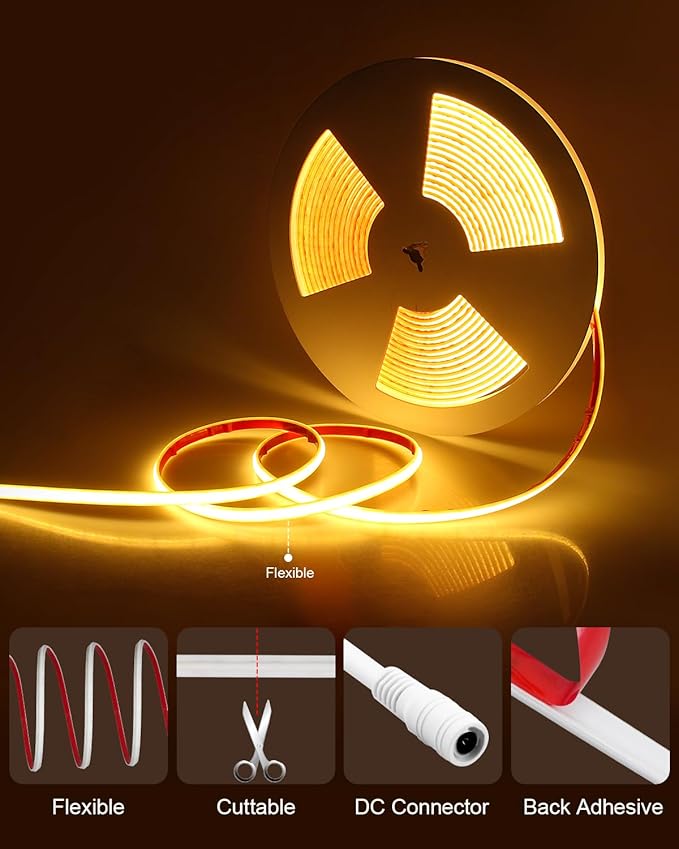 ALITOVE Waterproof COB Led Light Strip Warm White 24V 32.8ft Uniform Glow LED Tape Light Outdoor IP68 High Density 2400LEDs Rope Lights Flexible for Home Commercial Lighting Decor(No Adapter & Dimmer)