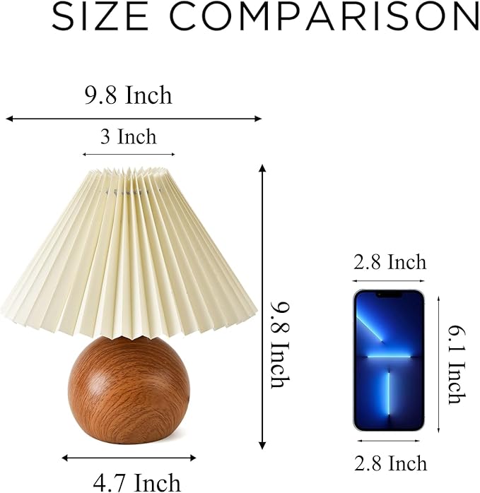 KUNJOULAM Cute Small Pleated Lamp, Modern Bedside Nightstand Light with Beige Lampshade, Wooden Pattern Metal Base Desk Lamp for Bedroom, Home Office, Living Room