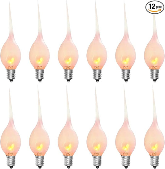12 Pack Flicker Flame Silicone Candle Lights Bulbs, C7 Clear Silicone Flickering Halloween Decorations Lights Replacement Bulbs for Electric Candle Lamps, Chandelier, E12 Candelabra Base, 1 Watt