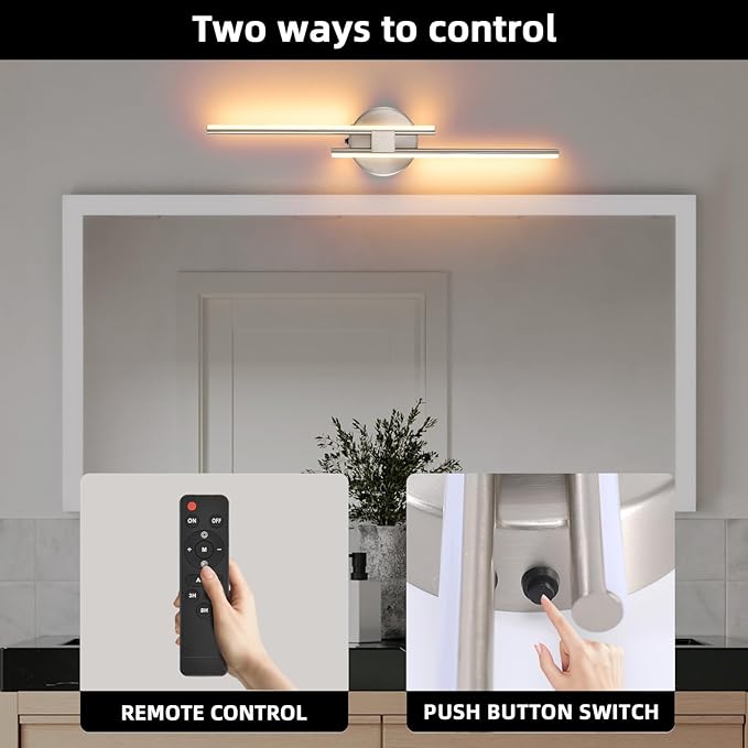 Battery Operated Wall Sconce Set of 2, Brushed Nickel 23.6" 3000K-6500K Dimmable Wall Sconces with Remote Control, Wireless Wall Light Rechargeable for Bedroom Hallway Living Room Background