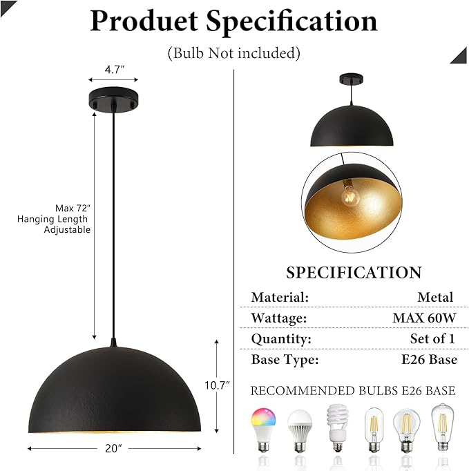 Industrial Pendant Lighting for Kitchen Island, 20 Inch Black and Gold Metal Dome Pendant Light Fixtures, Hemispherical Hanging Ceiling Light E26 Base for Reading Dining Room Foyer Cafe