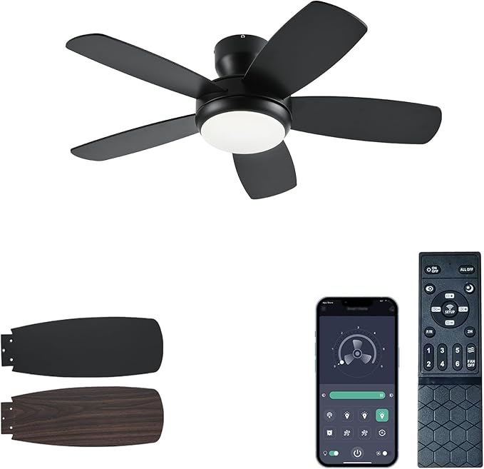 KNUN 42 Inch Ceiling Fan with Light and Remote/App Control, Low Profile Ceiling Fans with Lights,Flush Mount, Double-sided Blades, 3CCT, Dimmable, Noiseless, Black Ceiling Fan for Indoor/Outdoor Use